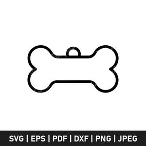 May include: A black and white outline of a dog bone-shaped tag. The tag has rounded ends and a small loop at the top for attaching to a collar. The image is a vector graphic, suitable for various design applications.