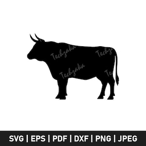Puede incluir: Silueta negra de un toro con cuernos curvados, de pie sobre sus cuatro patas. La imagen es un gráfico vectorial, adecuado para diversas aplicaciones de diseño. La parte inferior de la imagen contiene el texto "SVG | EPS | PDF | DXF | PNG | JPEG".