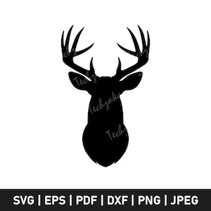 Puede incluir: Silueta negra de una cabeza de ciervo con grandes astas sobre fondo blanco. El texto "Techzakaz" es visible en la cabeza del ciervo. Debajo, los formatos de archivo: SVG | EPS | PDF | DXF | PNG | JPEG.