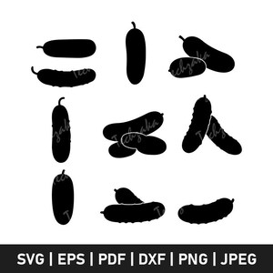 May include: Black and white vector illustration of various cucumber silhouettes. The image includes several cucumbers in different orientations, some whole and some sliced. The bottom of the image displays file type options: SVG, EPS, PDF, DXF, PNG, and JPEG.