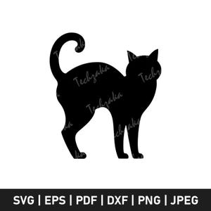 May include: A black silhouette of a cat with a curled tail, standing on all fours. The image includes the text "Techzaka" in a repeating pattern across the cat's body. Below the cat are file format abbreviations: SVG, EPS, PDF, DXF, PNG, and JPEG.