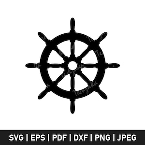 Könnte beinhalten: Schwarze Illustration eines Schiffsrads auf weißem Hintergrund. Das Rad hat acht Speichen und eine zentrale Nabe. Das Bild enthält den Text "SVG | EPS | PDF | DXF | PNG | JPEG" am unteren Rand.