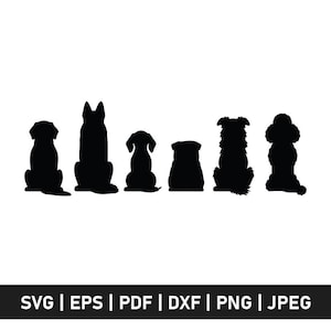 Può includere: Sei sagome nere di cani in diverse pose su sfondo bianco. L'immagine presenta cani di varie razze e dimensioni. La parte inferiore dell'immagine mostra le opzioni del tipo di file: SVG, EPS, PDF, DXF, PNG e JPEG.