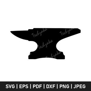 May include: A black silhouette of an anvil, a tool used in blacksmithing, with a flat top and a horn on one end. The image includes the text "Techzaka" repeated multiple times. Below the anvil are the file format options: SVG, EPS, PDF, DXF, PNG, and JPEG.