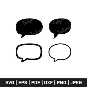 May include: Four black and white speech bubble graphics. Two are solid black, and two are outlined. The text "Techza" is repeated on the solid bubbles. The bottom of the image contains file type abbreviations: SVG, EPS, PDF, DXF, PNG, and JPEG.