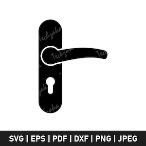 May include: Black door handle silhouette with a keyhole, and the text "Techzaka" in a stylized font. The handle has a curved lever design. The bottom of the image includes file format options: SVG, EPS, PDF, DXF, PNG, and JPEG.