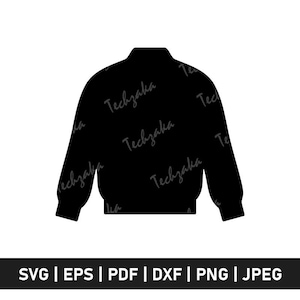 Puede incluir: Silueta negra de una chaqueta bomber con mangas largas y dobladillo acanalado. La chaqueta tiene el texto "Techzaka" repetido en su superficie. Debajo, las opciones de formato de archivo: SVG, EPS, PDF, DXF, PNG y JPEG.