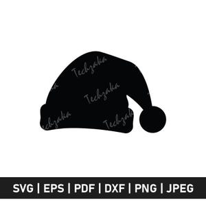 Könnte beinhalten: Eine schwarze Silhouette eines Weihnachtsmützenhuts mit einem runden Bommel am Ende. Der Text "Techzaka" wiederholt sich auf dem Hut. Darunter stehen die Worte "SVG | EPS | PDF | DXF | PNG | JPEG" in weißer Schrift auf schwarzem Hintergrund.