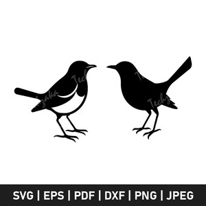 May include: Two black silhouette images of birds facing each other. The birds are facing each other with their heads tilted slightly. The birds are in a simple, minimalist style.