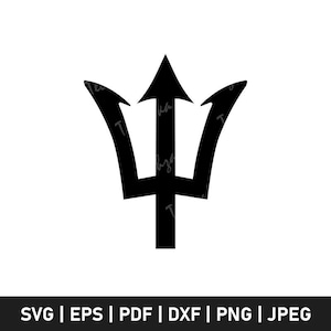 May include: Black trident symbol on a white background. The trident has three curved prongs and a central upward-pointing arrow. The bottom of the image contains the text "SVG | EPS | PDF | DXF | PNG | JPEG".