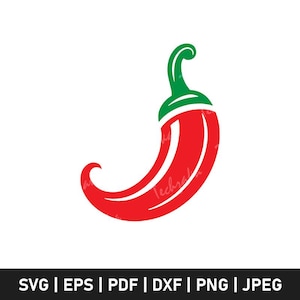 May include: A stylized red chili pepper with a green stem. The pepper is curved and has a smooth, glossy appearance. The image is a vector graphic, suitable for various digital applications.