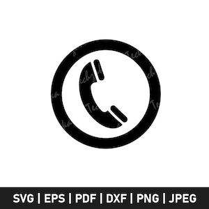 May include: Black and white icon of a phone receiver inside a circle. The phone receiver is stylized with a rounded shape.