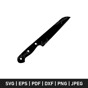 May include: A black bread knife with a serrated blade and a handle with three rivets. The knife is set against a white background. The bottom of the image contains the text "SVG | EPS | PDF | DXF | PNG | JPEG".