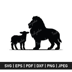 May include: Black silhouette of a lion and a lamb standing side by side. The lion has a full mane. The lamb is smaller and facing the lion. The image includes the text "SVG | EPS | PDF | DXF | PNG | JPEG".