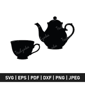 May include: Black silhouette of a teapot and teacup on a white background. The teapot has a curved spout and handle, and the teacup has a rounded shape with a handle. The text "Techzaka" is visible on both objects. The bottom of the image contains file type options.