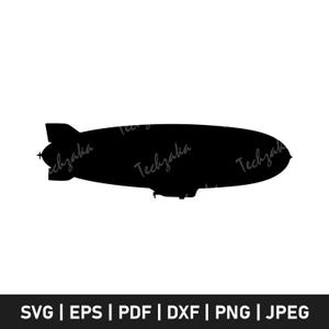 May include: A black silhouette of a zeppelin airship against a white background. The airship has a rounded body with a tail fin and a gondola. The image includes the text "Techzaka" in a script font and file type options.