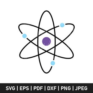 May include: A black and white illustration of an atom with three orbiting electrons. The electrons are light blue and the nucleus is purple.