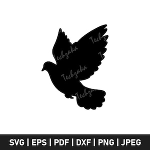 May include: A black silhouette of a dove in flight, with outstretched wings. The image includes the text "Techzaka" repeated across the dove's body. Below, the image lists file formats: SVG, EPS, PDF, DXF, PNG, and JPEG.