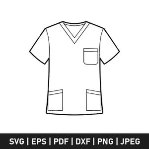 Puede incluir: Ilustración en blanco y negro de una parte superior de uniforme médico. La parte superior tiene cuello en V, mangas cortas, un bolsillo en el pecho y dos bolsillos inferiores. La parte inferior de la imagen contiene el texto "SVG | EPS | PDF | DXF | PNG | JPEG".