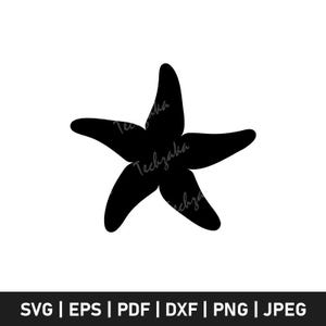 Puede incluir: Silueta negra de estrella de mar sobre fondo blanco. La estrella de mar tiene cinco puntas y es de color negro sólido. La imagen incluye el texto "Techzaka" y opciones de tipo de archivo: SVG | EPS | PDF | DXF | PNG | JPEG.