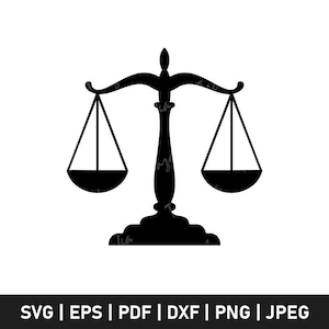 May include: Black silhouette of a balance scale, a symbol of justice, with two hanging pans and a central support. The image includes file format options: SVG, EPS, PDF, DXF, PNG, and JPEG.