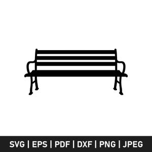 May include: A black silhouette of a park bench with a slatted back and curved armrests. The bench has four legs and is set against a white background. The bottom of the image contains the text "SVG | EPS | PDF | DXF | PNG | JPEG".