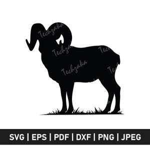 May include: A black silhouette of a ram with large curved horns, standing on a patch of grass. The image includes the text "Techzaka" repeated multiple times and file type options: SVG, EPS, PDF, DXF, PNG, and JPEG.