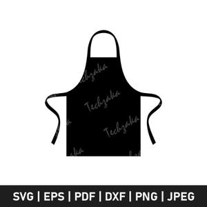 May include: A black apron with a neck loop and waist ties. The apron has the text "Techzaka" in a script font repeated across the front. The bottom of the image contains the text "SVG | EPS | PDF | DXF | PNG | JPEG".