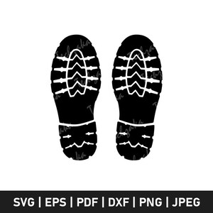 Puede incluir: Gráfico en blanco y negro de dos huellas de suela de bota, que muestra un patrón de dibujo. El diseño es un gráfico vectorial, adecuado para diversas aplicaciones digitales e impresas. Formatos de archivo: SVG, EPS, PDF, DXF, PNG y JPEG.