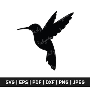 May include: A black silhouette of a hummingbird in flight, with wings spread. The image is on a white background. Text at the bottom reads "SVG | EPS | PDF | DXF | PNG | JPEG". The word "Techzaka" is written on the hummingbird.