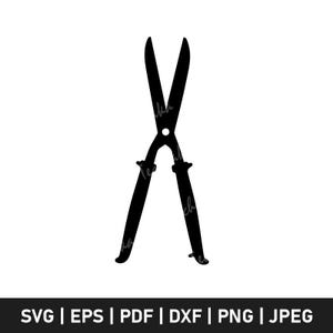 May include: Black silhouette of hedge shears, a gardening tool with long blades and handles. The shears are crossed, with the blades open. The image is a vector graphic, suitable for various digital applications.
