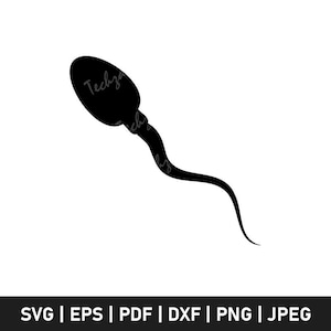 May include: Black silhouette of a sperm cell on a white background. The sperm cell has a rounded head and a long, curved tail. The image includes the text "Techza" and file type options: SVG | EPS | PDF | DXF | PNG | JPEG.