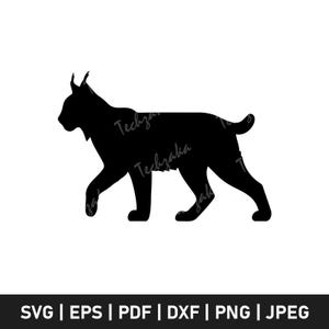 May include: Black silhouette of a lynx walking, with pointed ears and a short tail. The image includes the text "Techzaka" and file type options: SVG | EPS | PDF | DXF | PNG | JPEG.