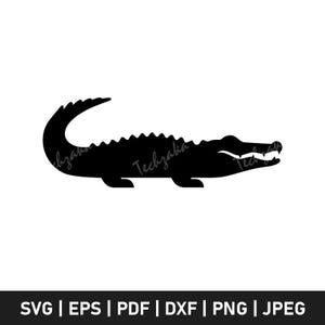 May include: A black silhouette of an alligator with an open mouth and a curved tail. The image includes the text "Techzaka" and file type options: SVG, EPS, PDF, DXF, PNG, and JPEG.