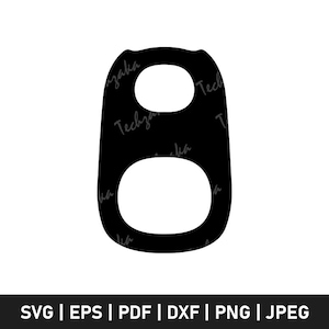 Puede incluir: Silueta negra de una anilla de lata con dos aberturas ovaladas. El texto "Techzaka" se repite en la anilla. Debajo, las opciones de formato de archivo: SVG, EPS, PDF, DXF, PNG y JPEG.