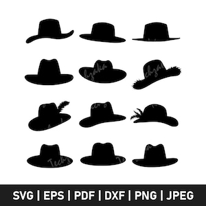 Könnte beinhalten: Zwölf schwarze Silhouettenbilder von Cowboyhüten. Die Hüte sind alle in verschiedenen Stilen und Formen.
