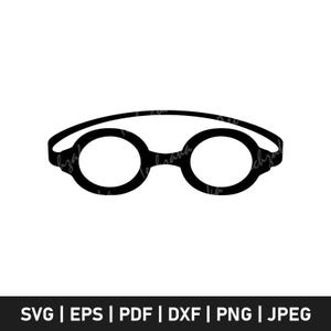 May include: Black line art of round swimming goggles with a strap. The goggles have two circular lenses connected by a bridge and a strap that goes around the head. The bottom of the image has the text: SVG | EPS | PDF | DXF | PNG | JPEG.