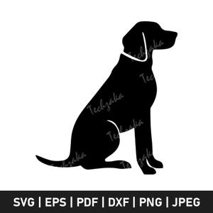 May include: Black silhouette of a dog sitting with its head turned to the right. The dog is facing the left side of the image.