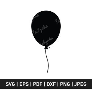 May include: A black balloon silhouette with a curved string, set against a white background. The balloon has the text "Techzaba" repeated across its surface. The bottom of the image displays file format options: SVG, EPS, PDF, DXF, PNG, and JPEG.