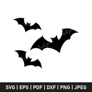 May include: Three black bat silhouettes with outstretched wings are displayed against a white background. The bats are in various positions, suggesting flight. The image is suitable for Halloween or spooky-themed projects.