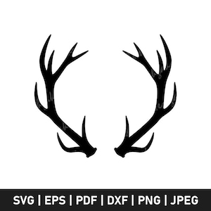 Puede incluir: Silueta negra de un par de cuernos de ciervo sobre un fondo blanco. Los cuernos son simétricos, con múltiples ramificaciones. En la parte inferior de la imagen, opciones de tipo de archivo: SVG | EPS | PDF | DXF | PNG | JPEG.