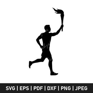 May include: A black silhouette of a person running while holding a torch with flames. The person is wearing shorts and is running to the left. The image is on a white background. Below the image are the file format options: SVG | EPS | PDF | DXF | PNG | JPEG.