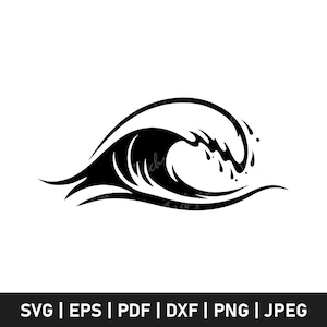 Peut inclure: Graphique noir et blanc d'une vague océanique stylisée. La vague déferle et s'enroule, avec des gouttelettes d'eau. L'image comprend les types de fichiers : SVG, EPS, PDF, DXF, PNG et JPEG.