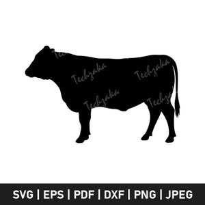 Puede incluir: Silueta negra de una vaca de perfil, mirando hacia la izquierda. El texto "Techzaka" se repite varias veces en el cuerpo de la vaca. Debajo, el texto "SVG | EPS | PDF | DXF | PNG | JPEG".