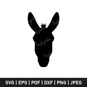 May include: A black silhouette of a donkey's head, featuring large ears and a detailed mane. The image is set against a white background. Text at the bottom indicates file formats: SVG, EPS, PDF, DXF, PNG, and JPEG.
