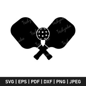 May include: Black and white silhouette of two crossed pickleball paddles with a pickleball in the centre.