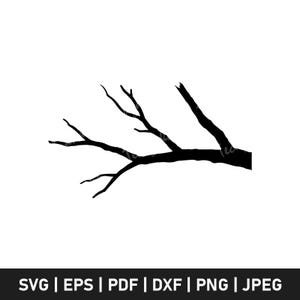 May include: A black silhouette of a tree branch with several smaller branches extending from it. The image is set against a white background. The bottom of the image contains the text "SVG | EPS | PDF | DXF | PNG | JPEG".