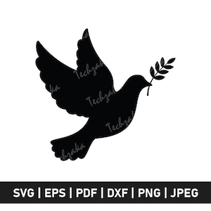 May include: A black silhouette of a dove in flight, carrying an olive branch in its beak. The image is set against a white background. The bottom of the image contains the text "SVG | EPS | PDF | DXF | PNG | JPEG".