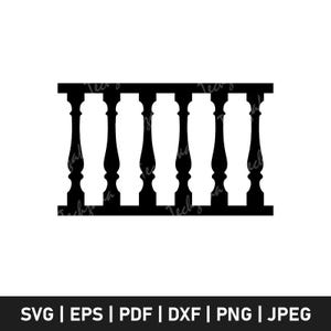 Puede incluir: Silueta negra de una balaustrada con siete balaustres verticales. Los balaustres tienen un diseño clásico y redondeado. La parte inferior de la imagen muestra opciones de formato de archivo: SVG | EPS | PDF | DXF | PNG | JPEG.