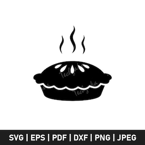 May include: Black and white graphic of a pie with steam rising from the top. The pie has a scalloped crust and decorative cutouts on the top. The bottom of the image contains the text: SVG | EPS | PDF | DXF | PNG | JPEG.